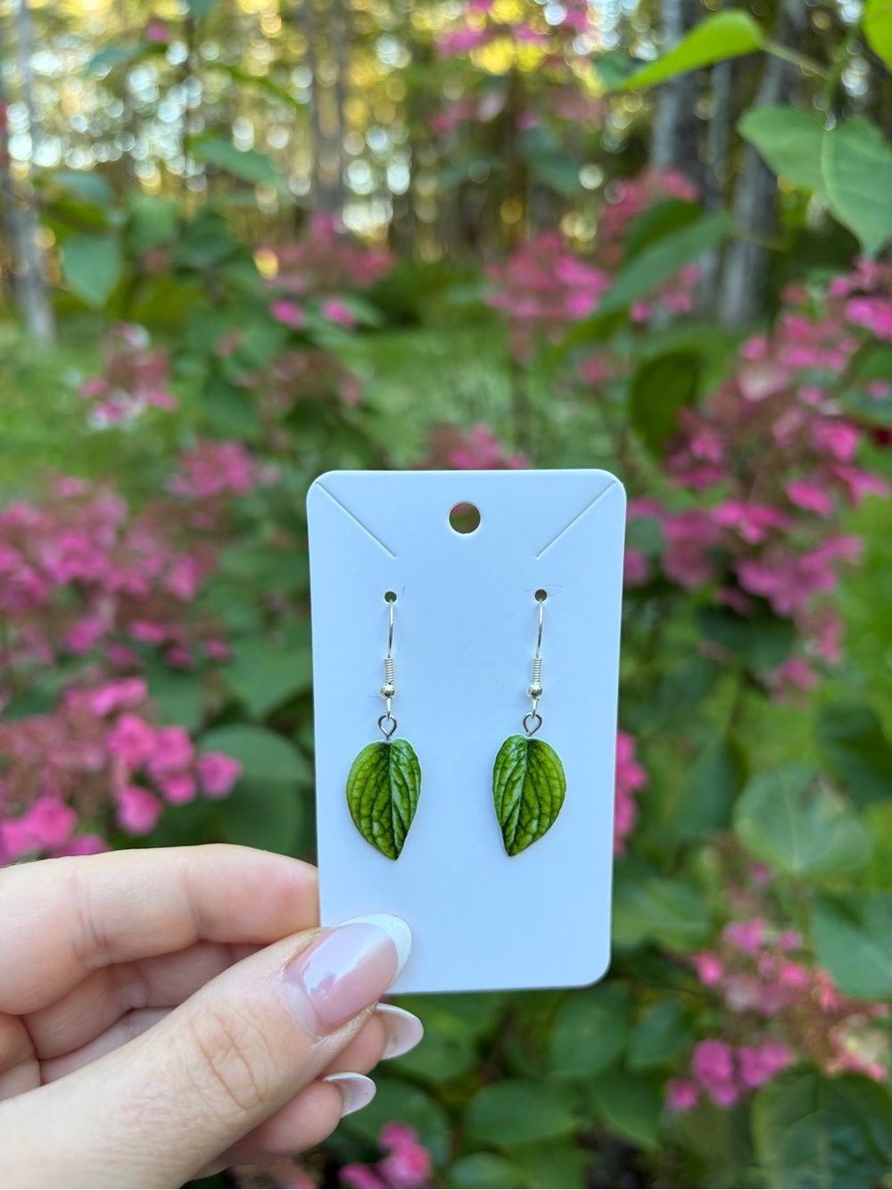 Green Leaf Drop Earrings – Hand-Painted Nature-Inspired Jewelry